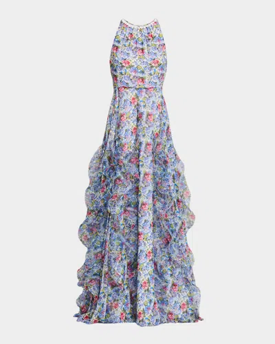 Rickie Freeman For Teri Jon Sleeveless Floral Cascading Ruffle Gown In Blue