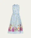 Rickie Freeman For Teri Jon Sleeveless Floral-print Midi Shirtdress In Blue