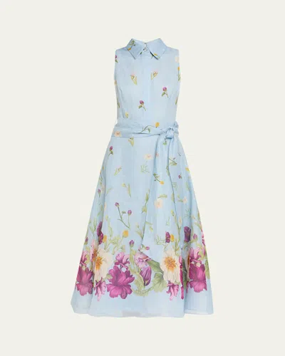 Rickie Freeman For Teri Jon Sleeveless Floral-print Midi Shirtdress In Light Blue Multi