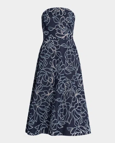 Rickie Freeman For Teri Jon Strapless Floral Burnout Denim Midi Dress In Blue