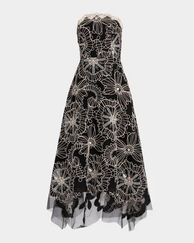 Rickie Freeman For Teri Jon Strapless Floral-embroidered Tulle Maxi Dress In Black