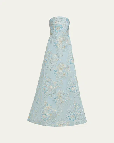 Rickie Freeman For Teri Jon Strapless Metallic Floral Jacquard Gown In Blue