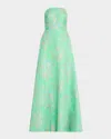 Rickie Freeman For Teri Jon Strapless Metallic Floral Jacquard Gown In Green Mult