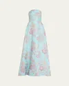 Rickie Freeman For Teri Jon Strapless Metallic Floral Jacquard Gown In Light Blue Multi