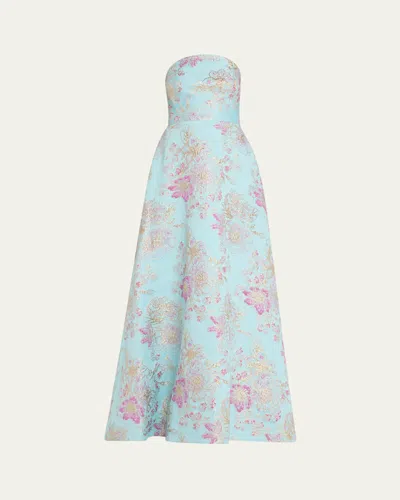 Rickie Freeman For Teri Jon Strapless Metallic Floral Jacquard Gown In Light Blue Multi