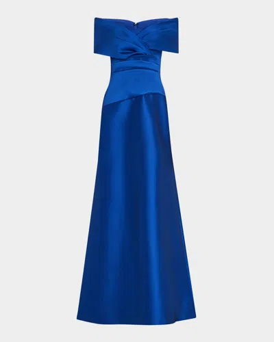 Rickie Freeman For Teri Jon Stretch Mikado Portrait Draped A-line Gown In Royal Blue