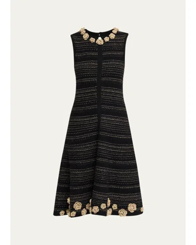 Rickie Freeman For Teri Jon Striped Crochet Floral Applique Midi Dress In Black