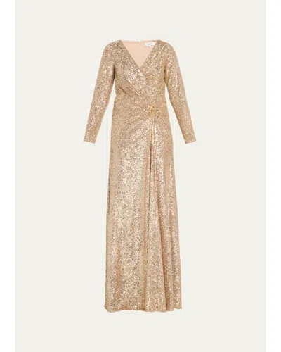 Rickie Freeman For Teri Jon Surplice Sequin A-line Gown In Gold