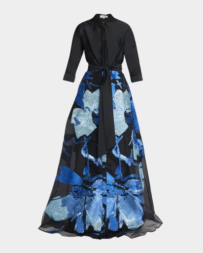 Rickie Freeman For Teri Jon Taffeta And Floral Jacquard Organza Shirt Gown In Black