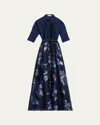Rickie Freeman For Teri Jon Taffeta & Floral Jacquard Organza Shirt Gown In Navy Multi