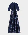 Rickie Freeman For Teri Jon Taffeta & Floral Jacquard Organza Shirt Gown In Navy Multi