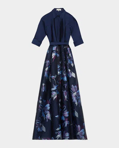 RICKIE FREEMAN FOR TERI JON TAFFETA & FLORAL JACQUARD ORGANZA SHIRT GOWN
