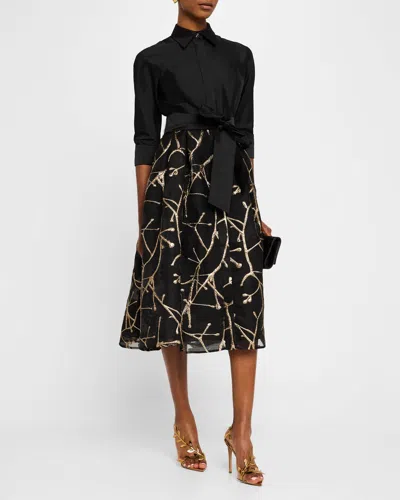 Rickie Freeman For Teri Jon Taffeta And Metallic Jacquard Midi Shirtdress In Blackgold