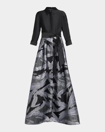 Rickie Freeman For Teri Jon Taffeta & Metallic Organza Shirtwaist Gown In Black