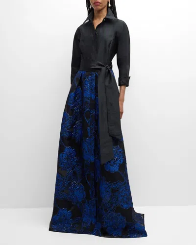 Rickie Freeman For Teri Jon Taffeta & Organza Jacquard Shirt Gown In Black Roya