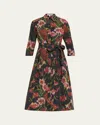 Rickie Freeman For Teri Jon Taffeta Faille Hazy Floral-print Midi Shirtdress In Black