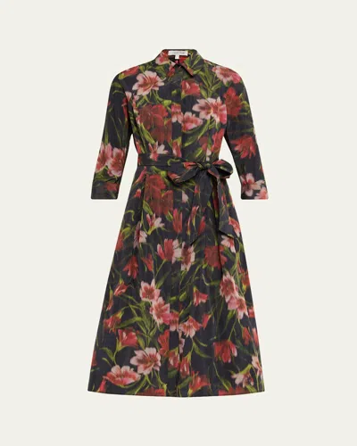 RICKIE FREEMAN FOR TERI JON TAFFETA FAILLE HAZY FLORAL-PRINT MIDI SHIRTDRESS