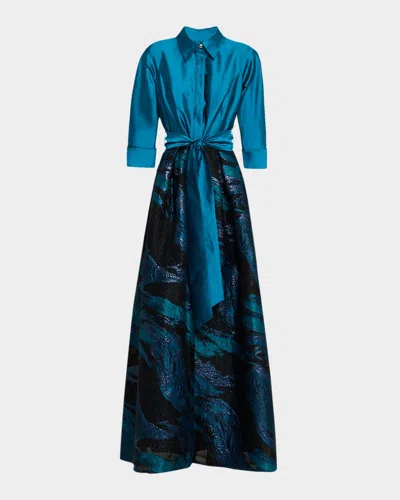 Rickie Freeman For Teri Jon Taffeta Feather-patterned Shirt Gown In Multi