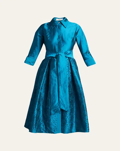Rickie Freeman For Teri Jon Taffeta Shirt Dress W/ Eyelet Skirt In Blue