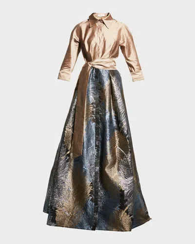 Rickie Freeman For Teri Jon Taffeta Shirtdress W/ Feather Metallic Jacquard In Gold Multi