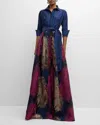 Rickie Freeman For Teri Jon Taffeta Shirtdress W/ Feather Metallic Jacquard In Navy Multi