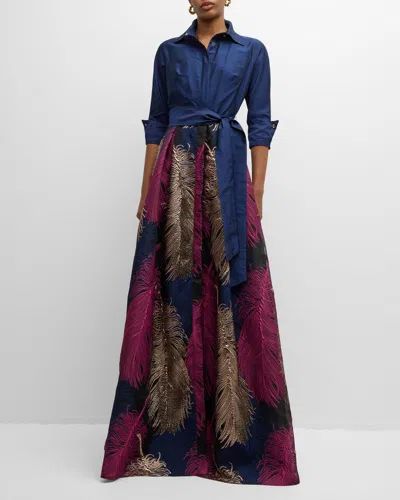 Rickie Freeman For Teri Jon Taffeta Shirtdress W/ Feather Metallic Jacquard In Navy Multi