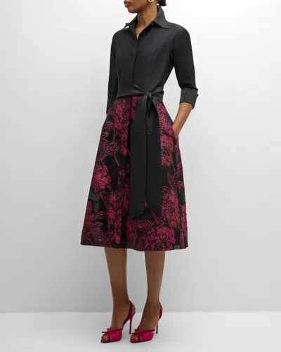 Rickie Freeman For Teri Jon Tie-waist Floral Jacquard Midi Shirtdress In Black Merlot