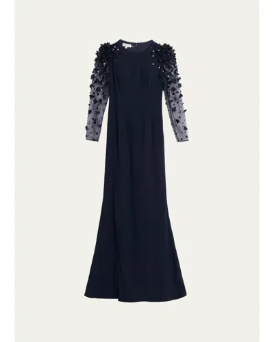Rickie Freeman For Teri Jon Tulle-sleeve Floral Applique Crepe Gown In Animal Print