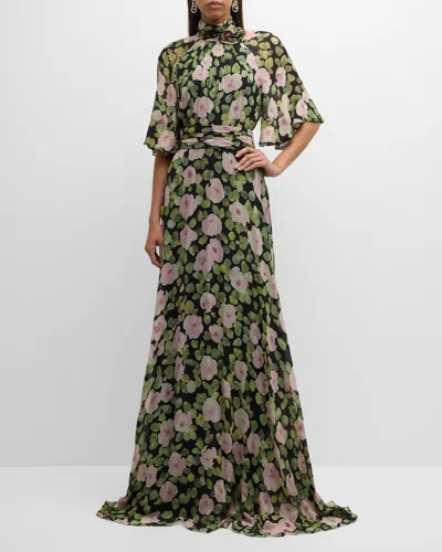 Rickie Freeman For Teri Jon Turtleneck Floral-print Chiffon Gown In Green