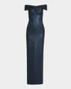 Rickie Freeman For Teri Jon One-shoulder Metallic Jacquard Trumpet Gown In Sapphire