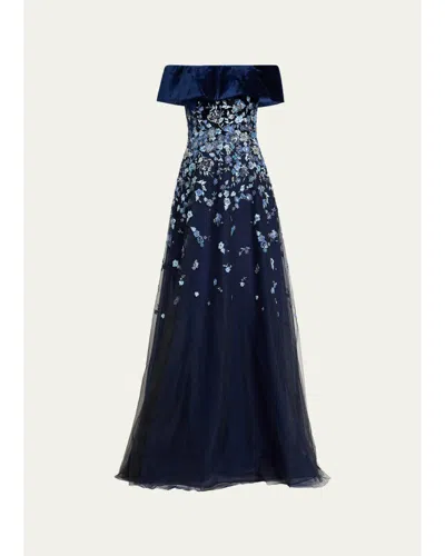 Rickie Freeman For Teri Jon Velvet & Floral-embroidered Tulle Off-the-shoulder Gown In Blue