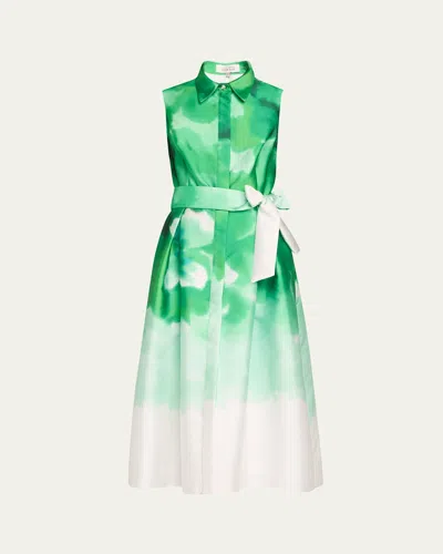 Rickie Freeman For Teri Jon Watercolor-print Mikado Midi Shirtdress In Lime Multi