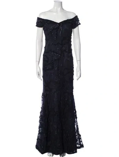 Pre-owned Rickie Freeman Lace Pattern Long Dress In Blue