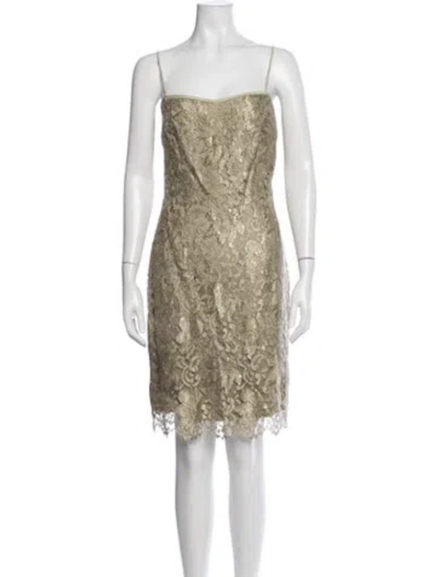 Pre-owned Rickie Freeman Lace Pattern Mini Dress In Gold/neutrals