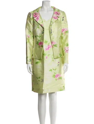 Pre-owned Rickie Freeman Silk Floral Print Skirt Set In Green