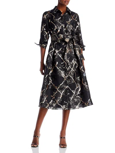 Rickie Freeman Teri Jon Womens Metallic Midi Shirtdress In Black