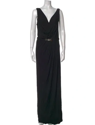 Pre-owned Rickie Freeman V-neck Long Dress In Black