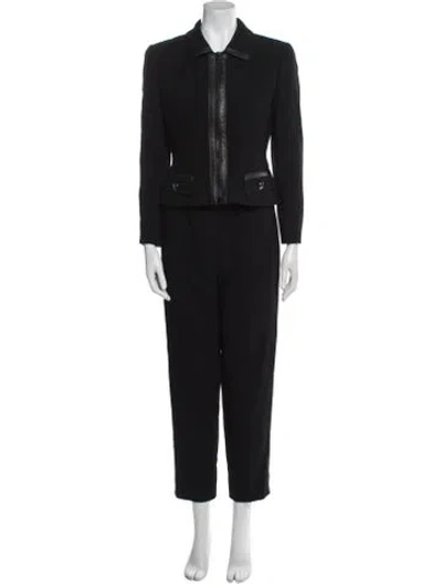 Pre-owned Rickie Freeman Wool Leather Trim Embellishment Pantsuit In Black