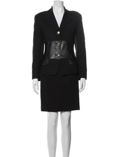 Pre-owned Rickie Freeman Wool Leather Trim Embellishment Skirt Set In Black