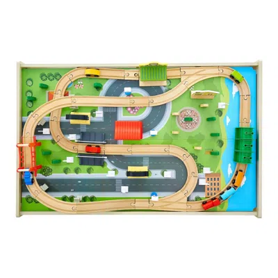 Ride One Train Table, 84 Multicolor Pieces Wooden Kids Activity Table With Collapsible Storage Bin, 3-in-1 Wo