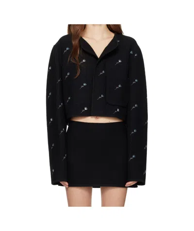 Rier City Crop Flowers Walker Wool Long-sleeve Casual Jacket In Black