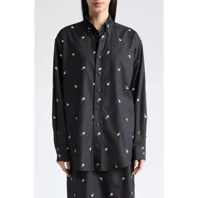 Rier Crocus Embroidered Button Down Shirt In Black Crocus Popeline