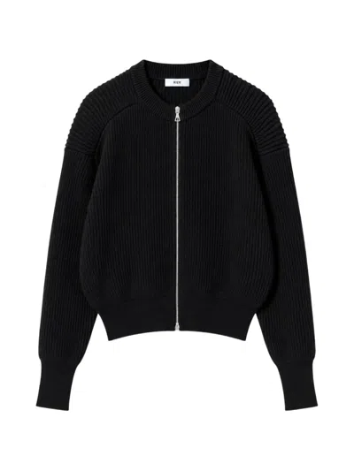 Rier Fisherman-rib Zip-up Cardigan In Black
