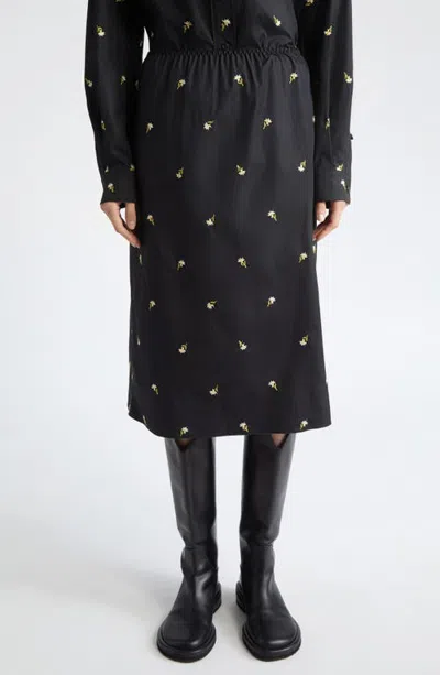 Rier Jupon Embroidered Cotton Midi Skirt In Black Crocus Popeline
