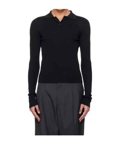 Rier Long-sleeved Knit Polo Shirt In Black