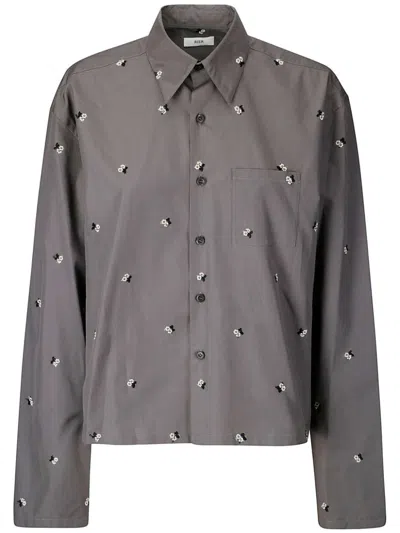 Rier Embroidered Long Sleeve Cotton Shirt In Grey