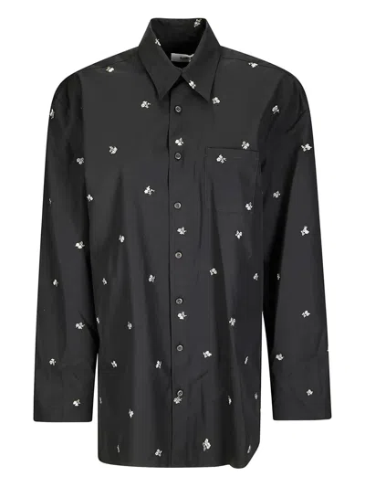 Rier Long-sleeved Cotton Shirt With Floral Embroidery In Black