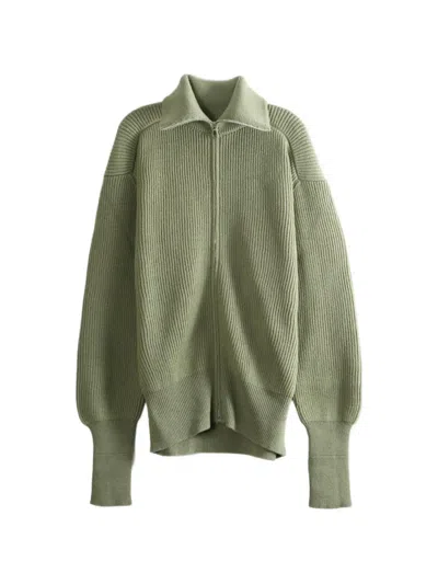 Rier Ribbed-knit Zip-up Sweater In 그린
