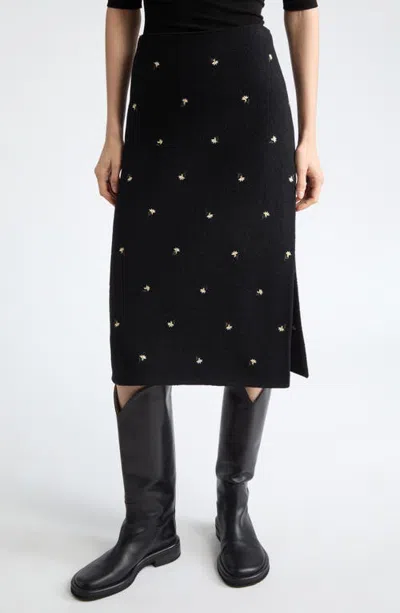 Rier Walker Embroidered Wool Midi Skirt In Black Crocus Felted