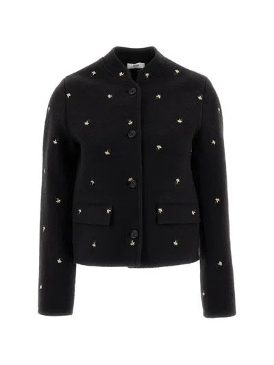Rier Walker Floral-embroidered Wool Jacket In Black